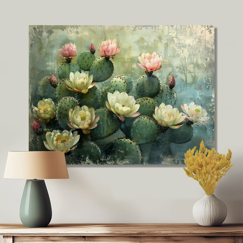 Cactus vert rose, fragiles - impression d'art mural cactus floral, H 12 po x l 20 po x P 1 po, Toile tendue