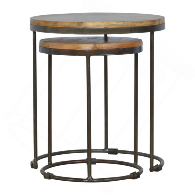Tabouret rond en bois avec base en fer, ensemble de 2, brun clair