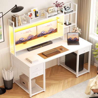 47"-59" Computer Desk with LED Lights & Outlet & Hutch