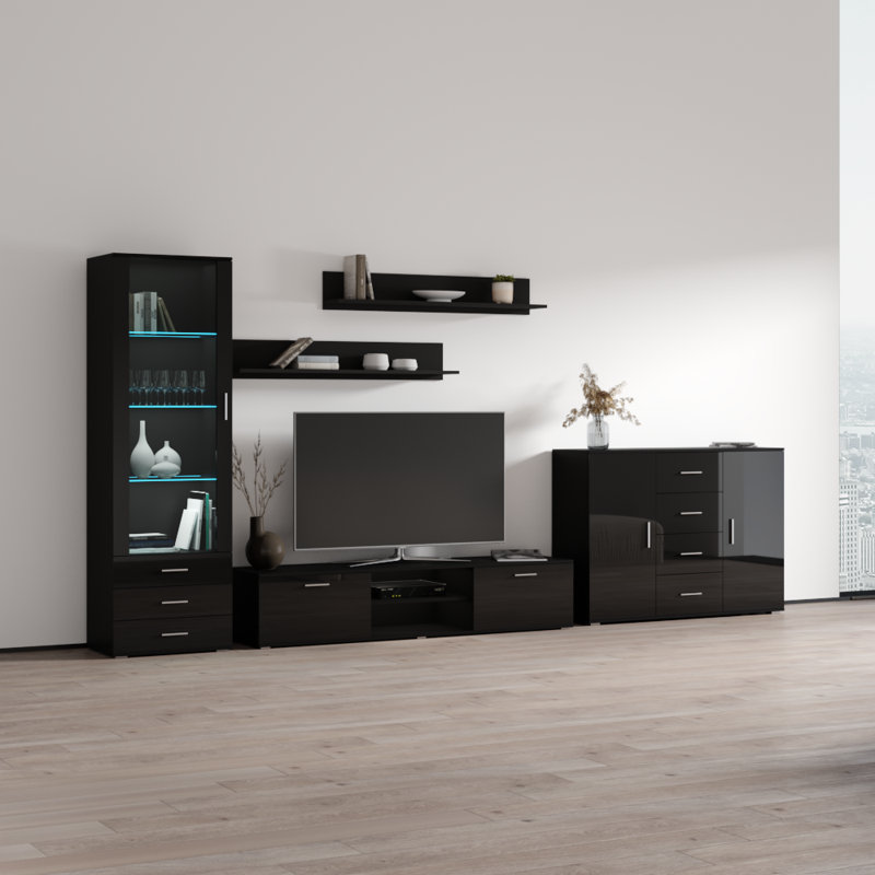 Sabala 150" Modern Entertainment Center with 16-Color LED Lighting, High Gloss Finish, Media Storage, Black