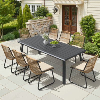 8-Person Metal Outdoor Dining Set With Aluminum Table, PE Rattan Chairs, And Removable Cushions