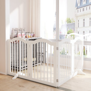 27.6" Height Tall Freestanding Pet Gate, 4 Panels Foldable Dog Gate, Dog Gate and Pet Playpen, Dog Exercise Pen Panels, Dog Barriers, Folding Safety Fence Wooden Dog Gate with 2 pcs Support Feet Ideal for Stairs, Doorways, Halls, Kitchens, Heavy Duty Gat