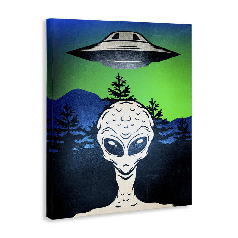 Alien et toile de scène OVNI, design par Kim Allen, H 20 po x l 16 po