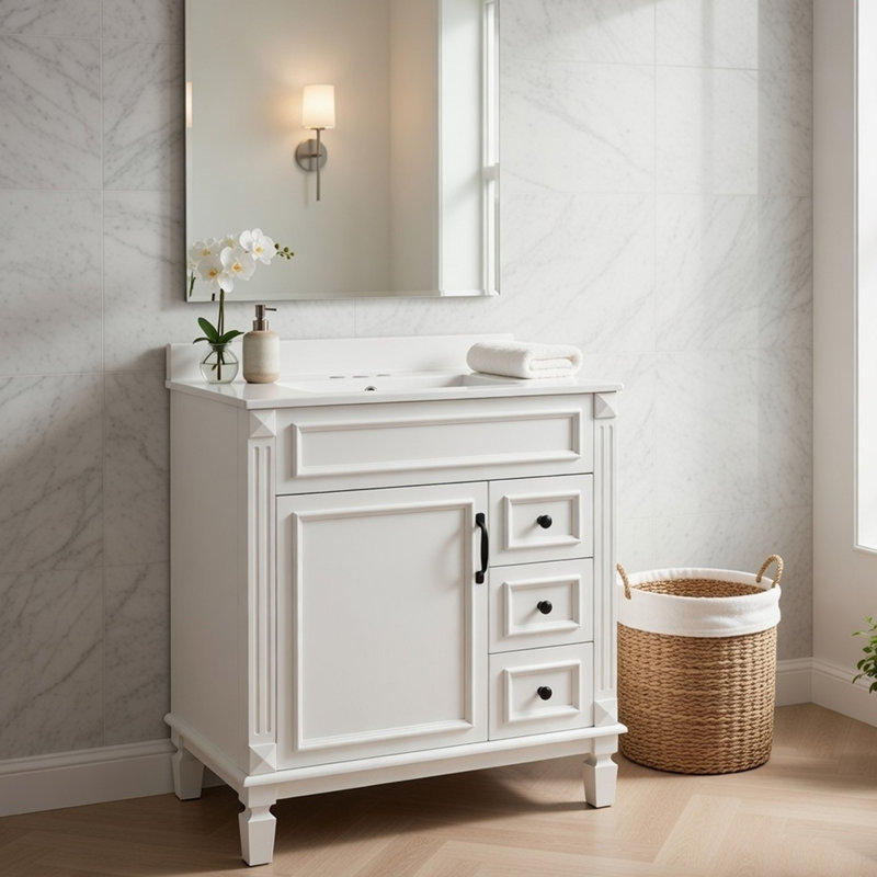 Meuble-lavabo avec 2 tiroirs Xolo, lavabo en céramique, bois blanc 30 po, Blanc