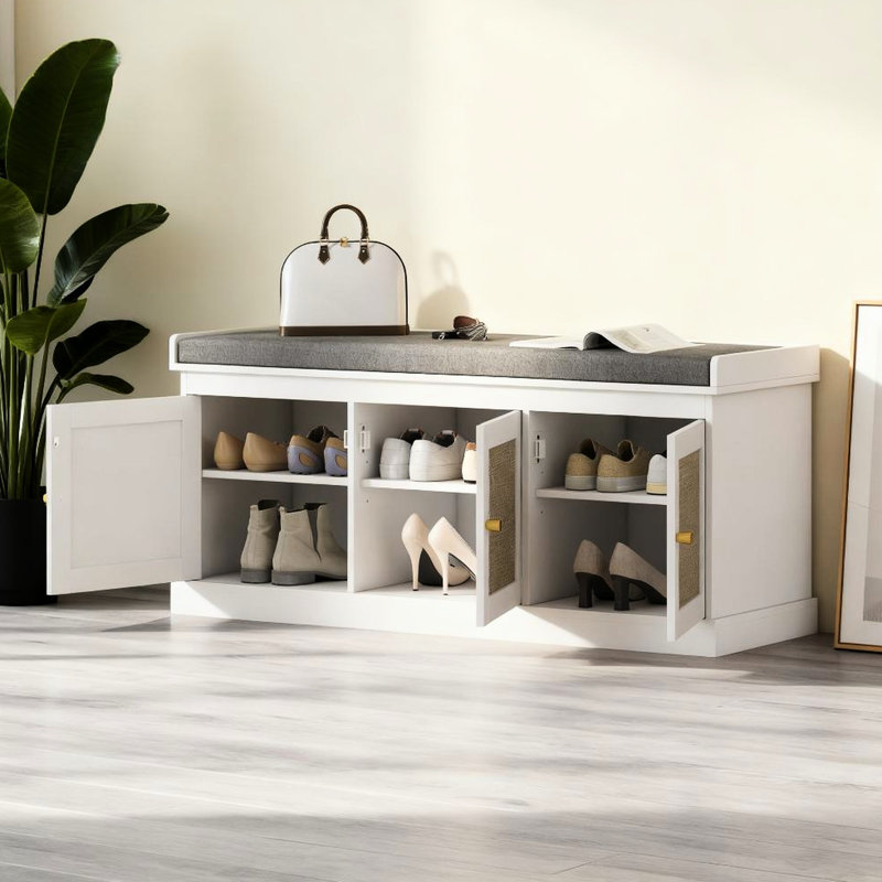 Banc de rangement pour chaussures avec portes, coussin moelleux en mousse de 1,6 po d'épaisseur, pouvant accueillir 9 paires, tissu respirant d'aspect lin tissé et tablettes réglables flexibles de 39,4 po