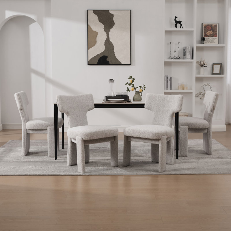 Ensemble de 4 chaises de salle à manger rembourrées en chenille de 22,05 po de largeur avec pieds en bois d'hévéa, Beige