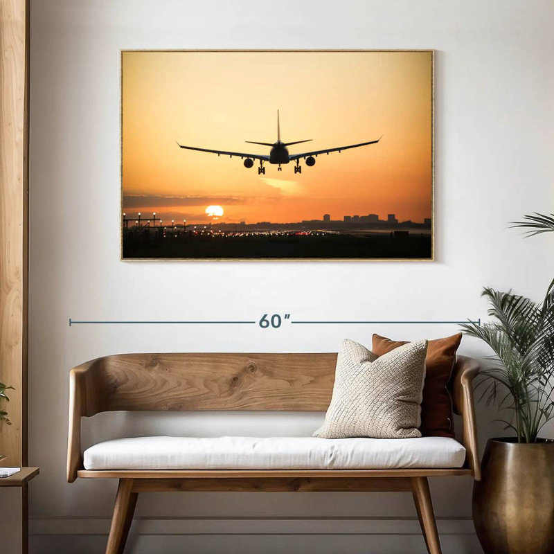 Avion au lever du soleil, Cadre flottant en bois naturel, 46 po x 31 po