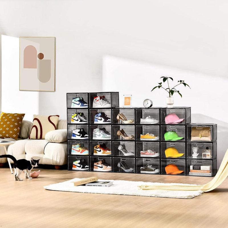 Boîtes de rangement pour chaussures empilables avec portes latérales transparentes, organisateur de chaussures grande capacité pour espadrilles, bottes et talons, contenants à chaussures en plastique durables pour placard et vestibule