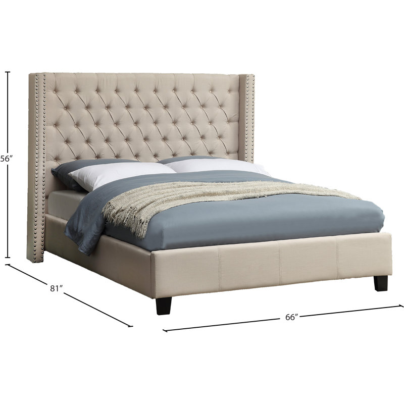 Lit plateforme tapissier à profil bas Ashton, Double, Tissu texturé en lin beige