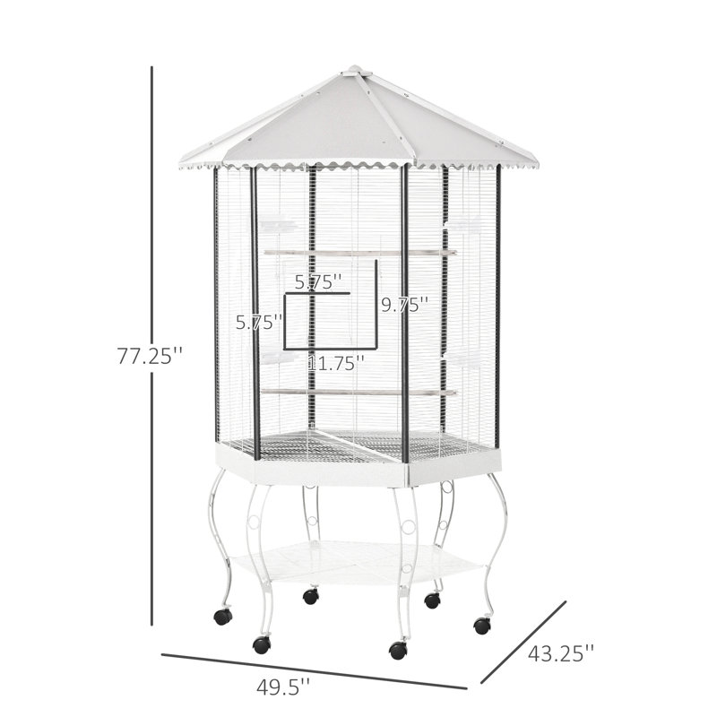 Auvent couvert de vol d'oiseau avec cage hexagonale - Maison spacieuse pour les oiseaux à marcher et à s'étirer, 2 grandes portes d'accès à l'intérieur, fer à repasser avec finition pour animaux de compagnie, fil métallique de 0,5 pouce, support portatif 6, plateau coulissant