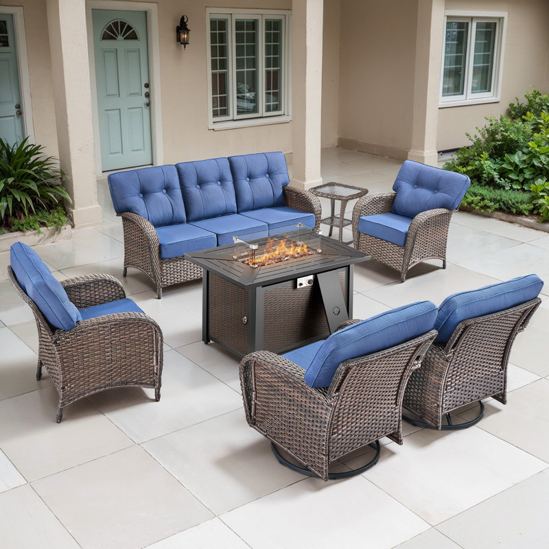 Agnes 7-Person Outdoor Rattan Patio T-Back Cushions Conversation Furniture Set With Fire Pit Table, Blue