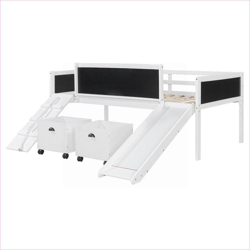 Lit plateforme mezzanine avec rangement en bois massif et finition blanche avec boîtes de rangement sous le lit