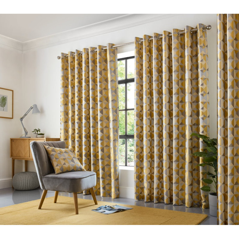 Stamper Semi Sheer Curtain Pair, 229 W x 229 D cm, Ochre/Silver