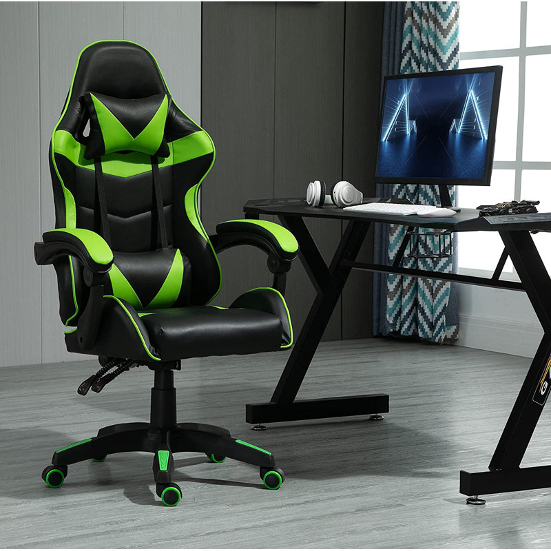 Inbox Zero Adjustable Reclining Ergonomic Faux Leather Swiveling PC & Racing Game Chair, Green