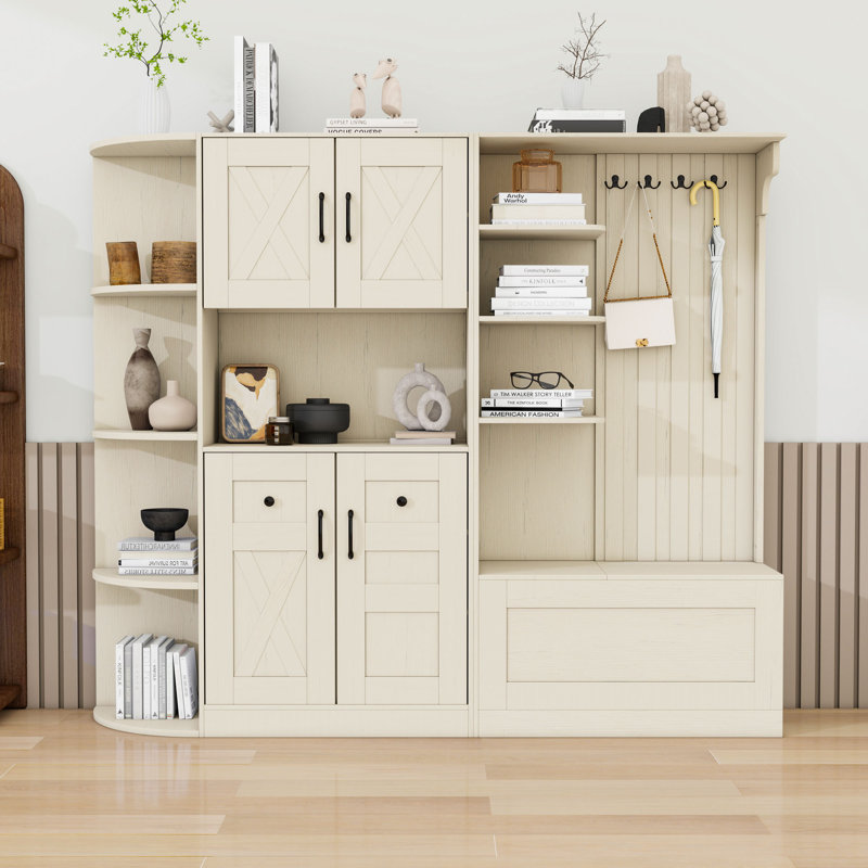Armoire de vestibule multifonctionnelle avec rangement et crochets, combinaison 2 en 1 gauche-droite, Beige
