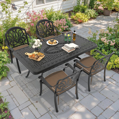 4-Person 66.93"L Rectangular Patio Dining Set with Umbrella Hole, 4 Stackable Chairs with Brown Cushions