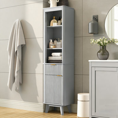Grande armoire de rangement pour salle de bain avec tablettes réglables, un tiroir et une porte pour une organisation polyvalente et efficace
