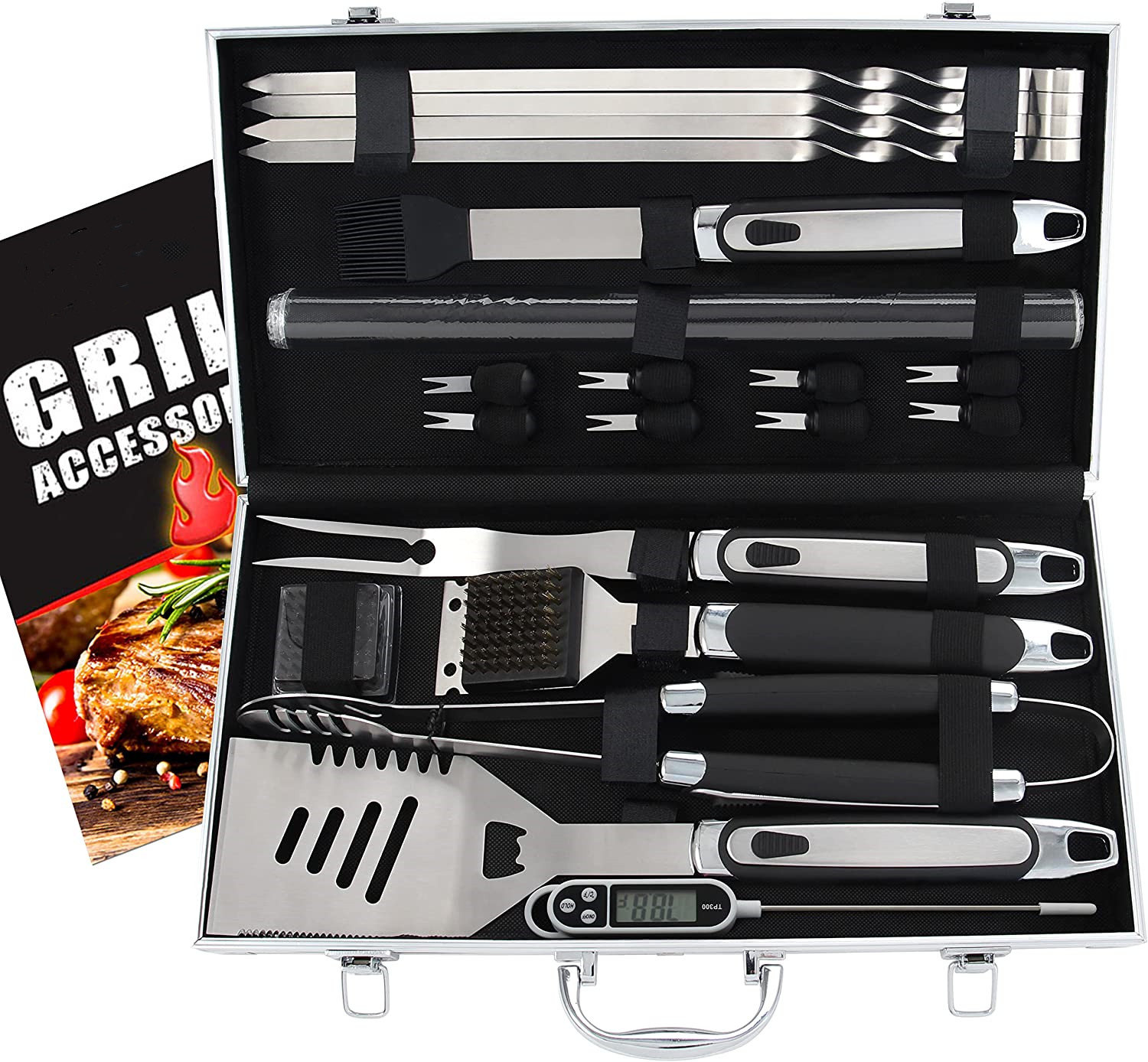 MakerFlo 11 Piece BBQ Grill Set with Maple Wood Travel Case, Other