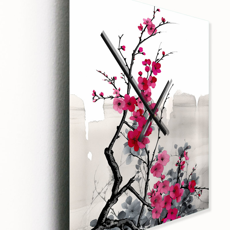 Art asiatique Sumi Blossom II - Horloge murale asiatique surdimensionnée, H 40 po x l 30 po x P 1 po