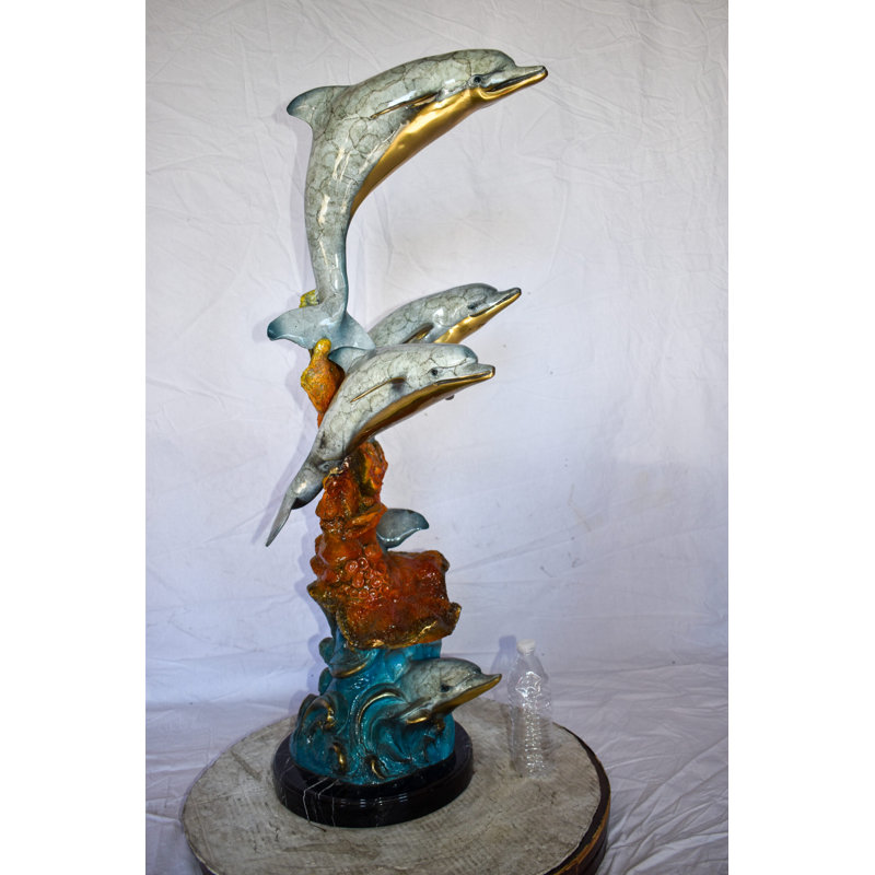Four Dolphins Swimming In Ocean Coloured Bronze Statue Size: 18" X 14" X 41"H