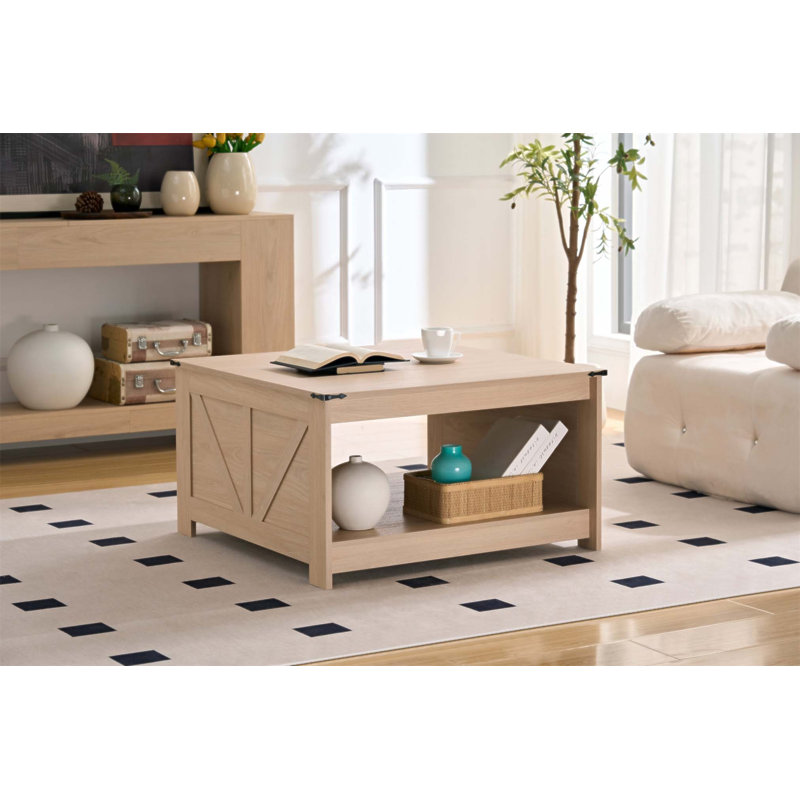 Table basse rustique de style campagnard avec rangement semi-ouvert, fini ivoire, idéale pour les salons et les salles de réunion.