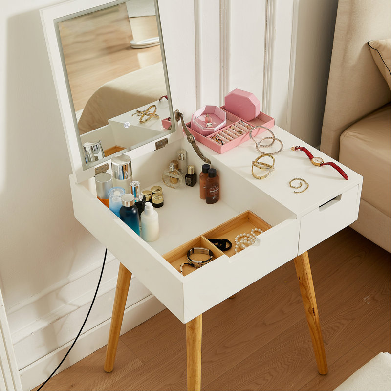 Petite coiffeuse de maquillage, bureau avec 2 tiroirs, organisateur de miroir rabattable, coiffeuse de maquillage pour chambre à coucher, vestiaire