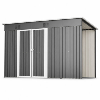 Remise de rangement extérieure en métal 10 pi x 4 pi avec rangement ouvert pour le bois de chauffage, portes doubles verrouillables, évents et structure de plancher, gris