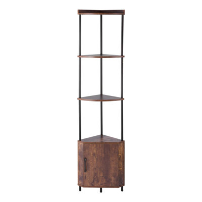 5-Tier Tall Corner Shelf with LED Lights & Cabinet - Modern Industrial Narrow Storage Stand for Living Room