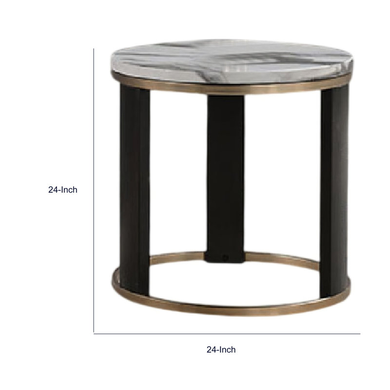 Table de bout Besy, faux marbre blanc 24 po, base anneau doré, noir