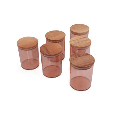 Ensemble de boîte de rangement durable (6 pièces), brun et noyer, 4,0 x 4,0 x 5,3 pouces | 100% plastique sans BPA avec couvercles en bois | Va au lave-vaisselle, idéal pour organiser la maison et la cuisine, design élégant et fonctionnel