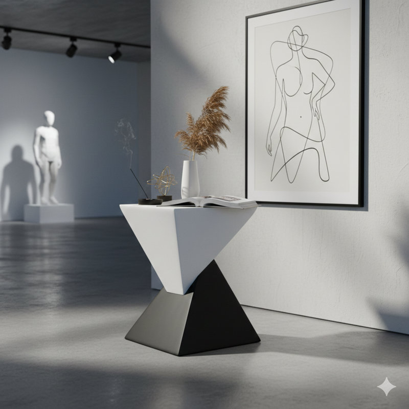 Table d'appoint moderne géométrique MGO au fini bicolore noir et blanc. Une table de bout intérieure / extérieure pour le salon, le patio ou le jardin. Dimensions: H 18 po x l 12,5 po.