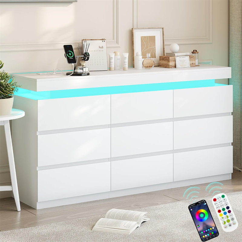 Modern 9-Drawer Dresser With Power Outlet - Storage Cabinet With Led Lights, Wide Chest Of Drawers With Charging Station, Organizer For Bedroom, Closet, Living Room