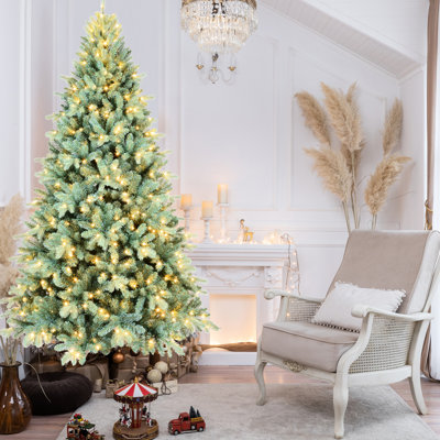 Arbre de Noël à teinte bleue 58,47 po, 250 lumières pré-enfilées, 854 pointes, assemblage rapide en bleu, branches à charnières à DEL blanc chaud,