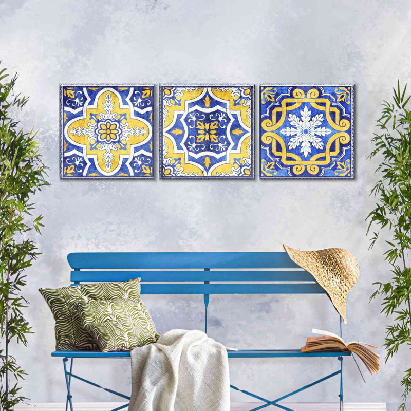 Ensemble de 3 carreaux sur toile Ritzy Azulejo, H 12 po x l 38 po x P 1,25 po