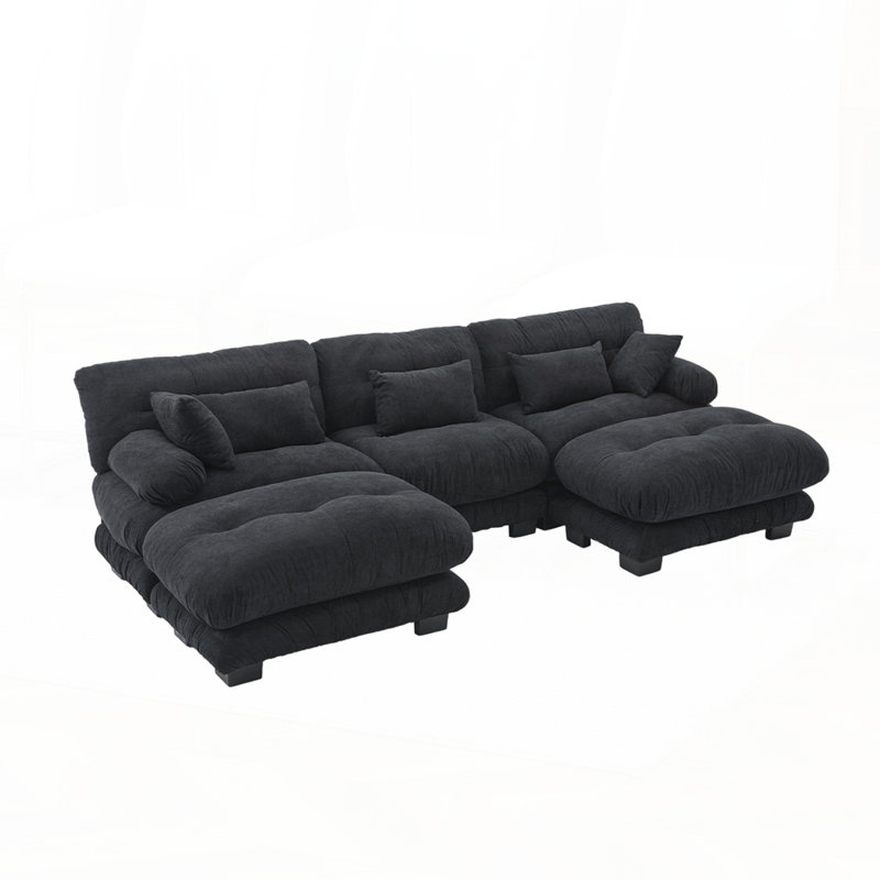 Oversized U-Shaped Sectional Couch with 2 Ottomans and Cloud-look Cushions for Ultimate Comfort, Black Velvet
