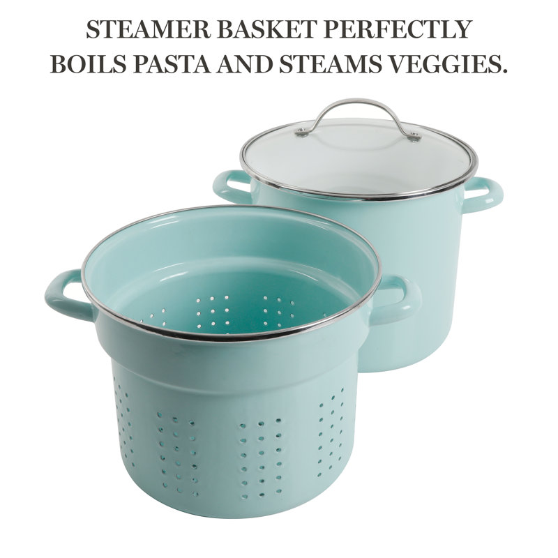 Martha Blue 8-Quart Enamel Steel Stock Pot with Steamer Insert