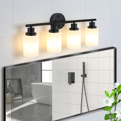 4-Light Vanity Bathroom Mirror Light, Frosted White Glass With Black Iron Frame, Contemporary Wall Sconce