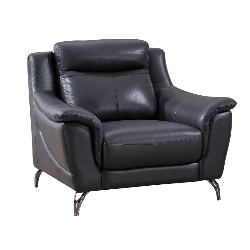 Groveson 42" W Tufted Top Grain Leather Armchair, Upholstery Black Genuine Leather