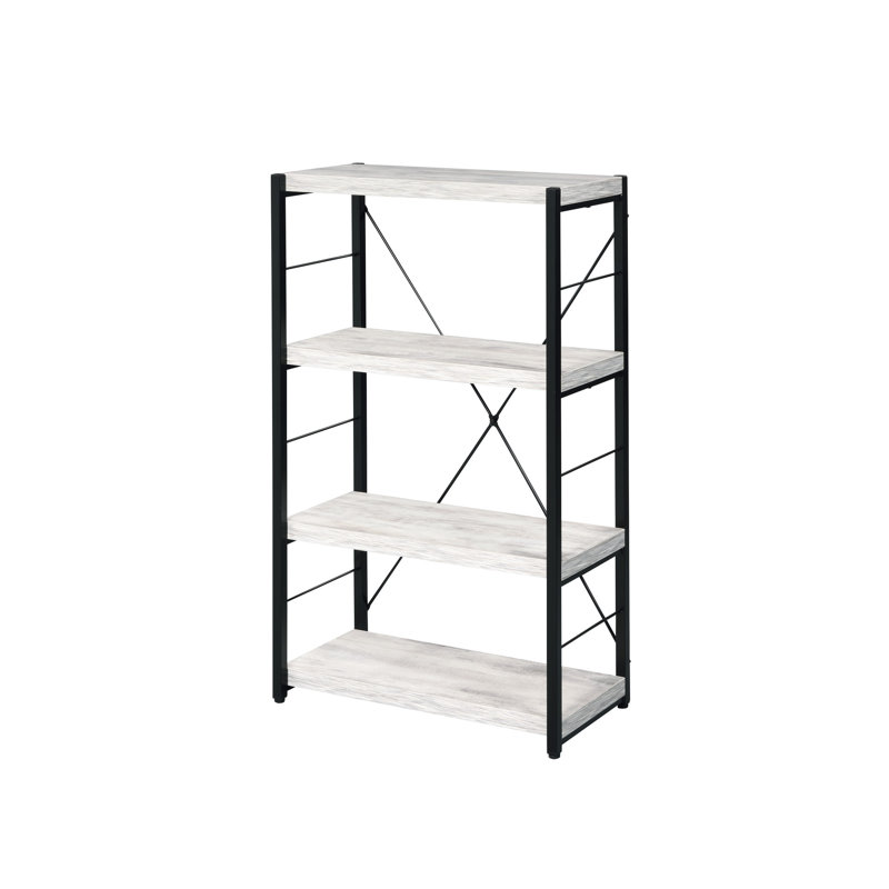 Bibliothèque autoportante avec structure en métal et 4 tablettes en bois de couleur blanc antique et noir pour collection de grands bureaux en faux béton