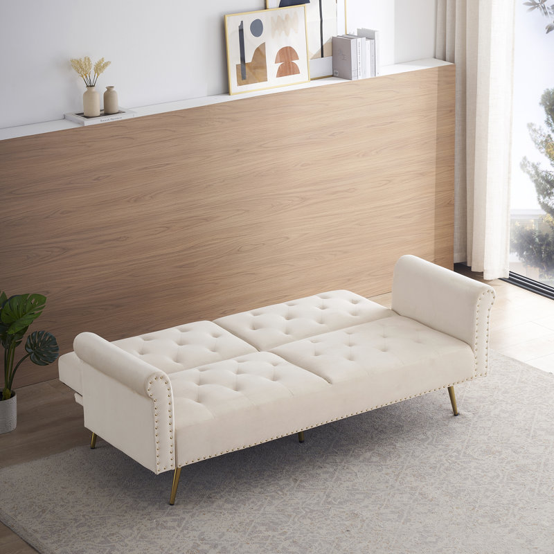Canapé-lit en velours 61,4 Fantaisa, Beige, Bois massif et bois manufacturé