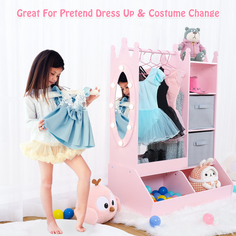 Renesmee Girls' Dress-Up Storage with Light & Mirror,Kids Clothing Rack, Storage Bin, and Hanging Armoire Closet, Pink