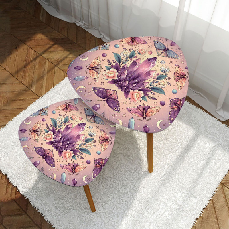 Ensemble de 2 tables basses gigognes triangulaires à motif de cristaux fantaisistes et de motifs de lune à motif de pastel et de table de bout moderne et minimaliste pour le salon et la chambre à coucher