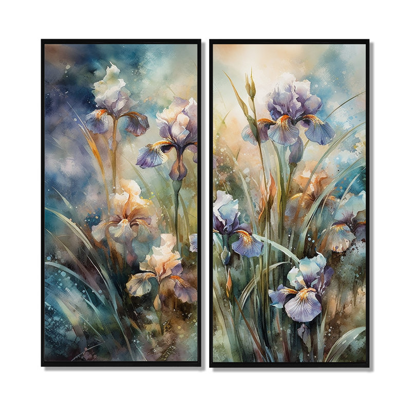 Mauve, vert, iris sauvage I - art mural traditionnel sur toile, H 32 po x l 32 po, Noir, Impression encadrée flottante