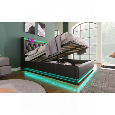 Lit double tapissier pleine grandeur, fonction DEL à 360 degrés, boutons / applications / télécommande, lit de rangement hydraulique avec chargement USB Type-C, noir, polyuréthane (sans matelas)