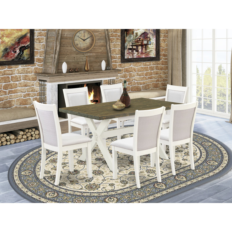 Dwann 7-PC Modern Dining Table Set - a Wooden Table with 6 Dining Chairs - Wire Brushed Linen White Finish, Cream