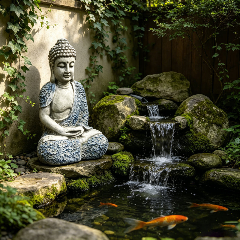 Sculpture de jardin bouddha méditant | Statue en résine résistante aux intempéries avec détails de robe florale pour patio ou jardin zen