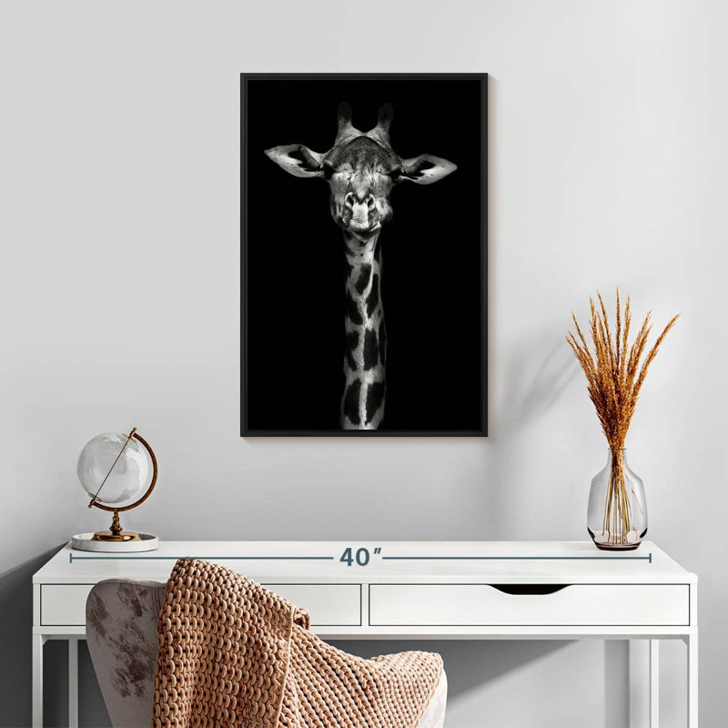 Tête de girafe monochrome, Cadre flottant noir, 17 po x 25 po