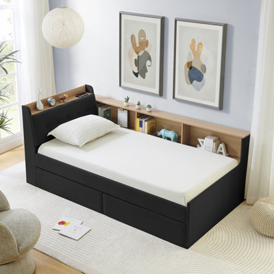 Contemporary Twin Size Velvet Day Bed In Black, Wireless Charging, Storage Headboard & 2 Drawers Black Featuring Headboard, Charging Led Lights