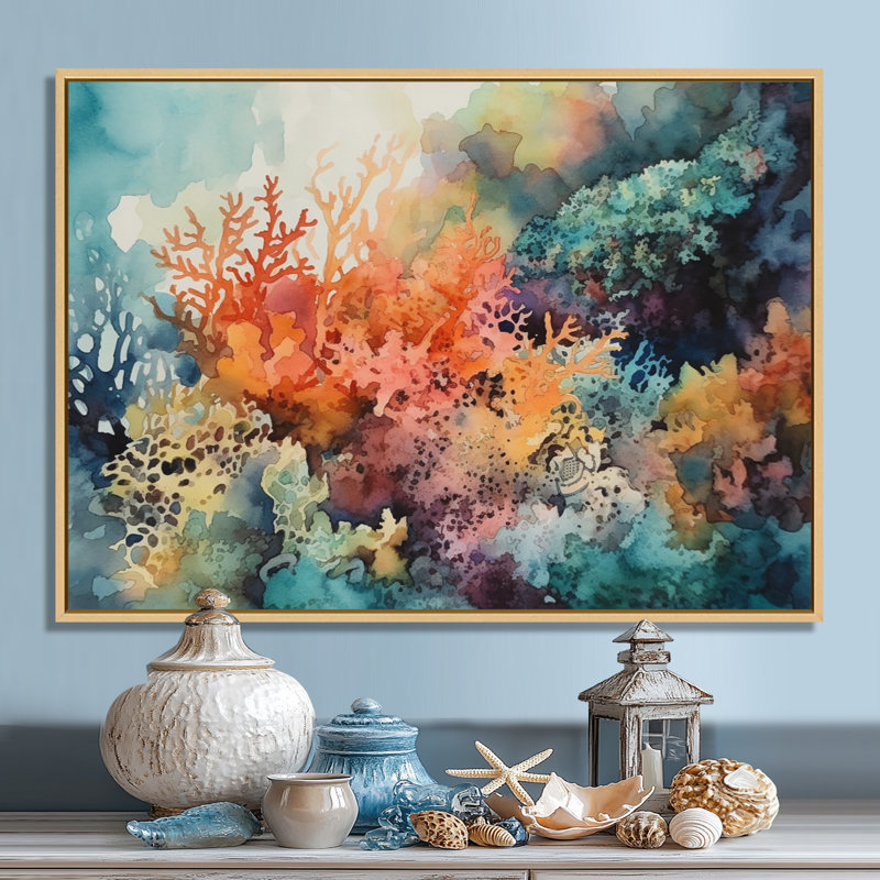 «Vibrant Coral Reef I - Modern Beach», art mural, H 12 po x l 20 po x P 1 po, Cadre flottant érable