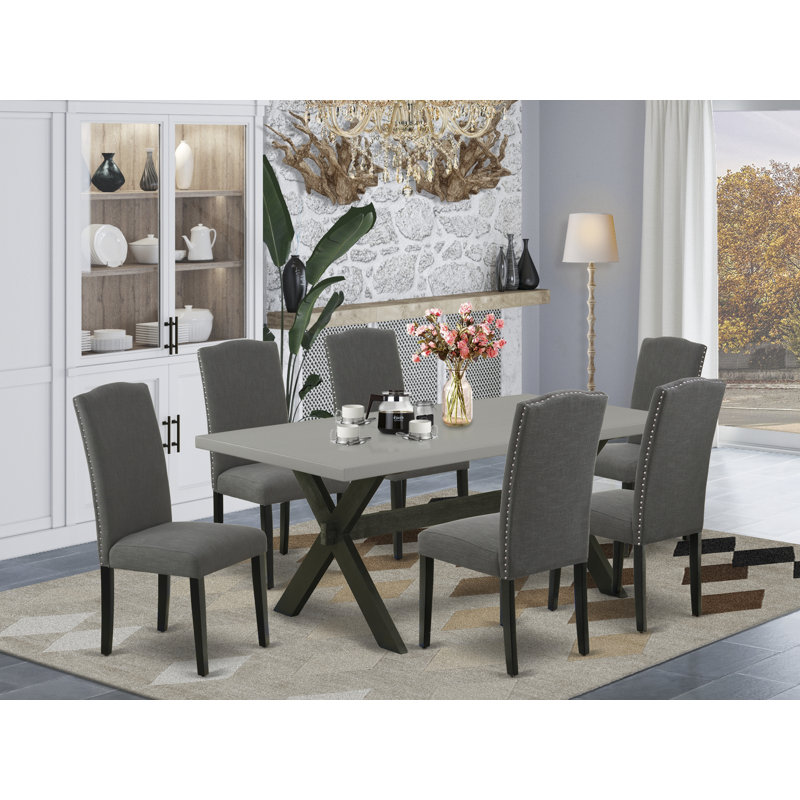 7 Piece Set Consist of a Rectangle Dining Table with X-Legs and 6 Dark Gotham Linen Fabric Upholstered Chairs, Wire brushed Black